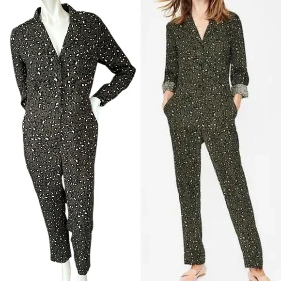 Boden Army Green Black & Pink Leopard Print Tillie Boiler Jumpsuit Size 6 Petite - Picture 1 of 9